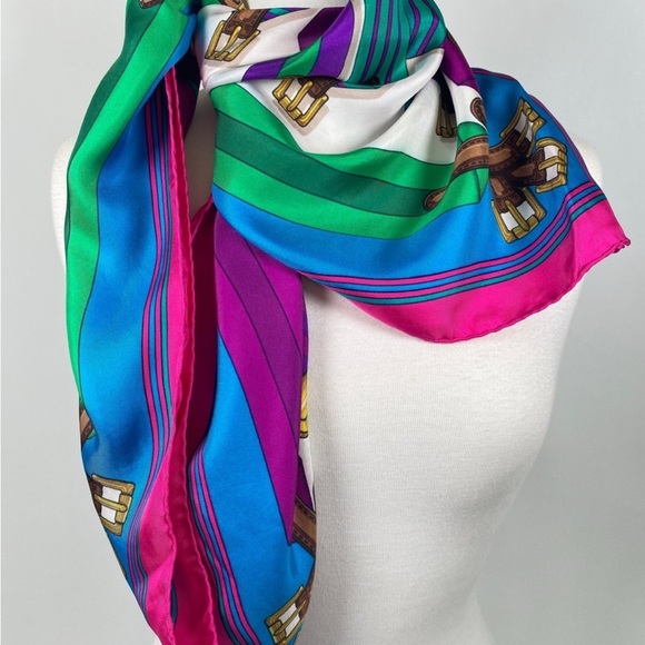 Hermes Vintage J. Metz 90cm 33” J. Les Sangles 100% Silk Scarf w/Bag - Picture 2 of 8